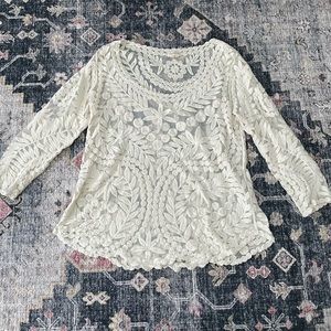 Cream floral scoop neck mesh blouse size XL